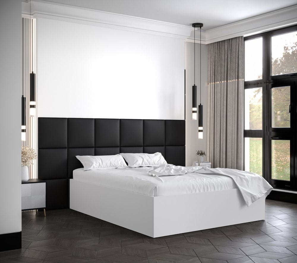 Veneti Manželská posteľ s čalúnenými panelmi MIA 4 - 140x200, biela, čierne panely z ekokože