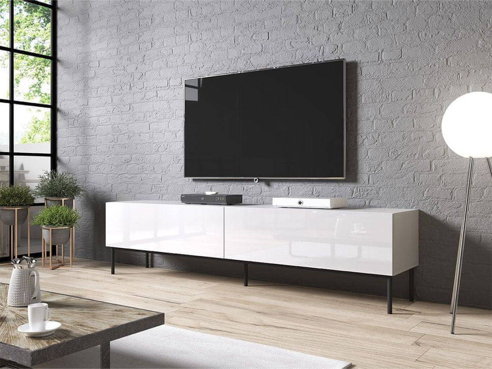 Veneti TV stolík TOKA - 200 cm, lesklý biely / čierny