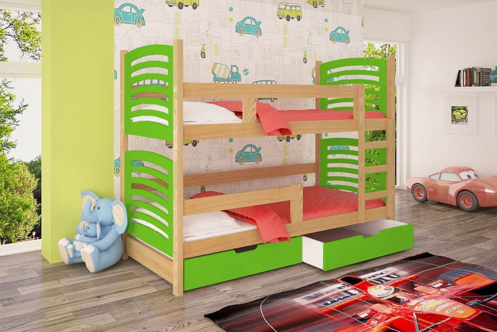 Veneti Poschodová posteľ s úložným priestorom KALA 2 - 75x180, borovica / zelená