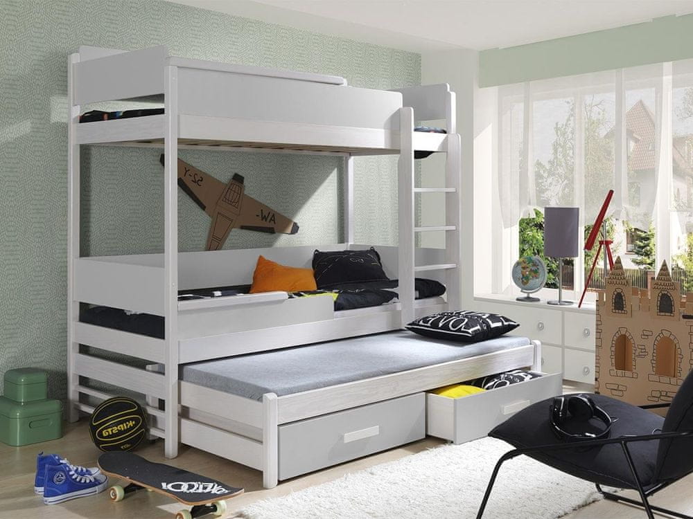 Veneti Detská poschodová posteľ pre troch 90x200 MEDEBACH - biela / šedá, pravé prevedenie