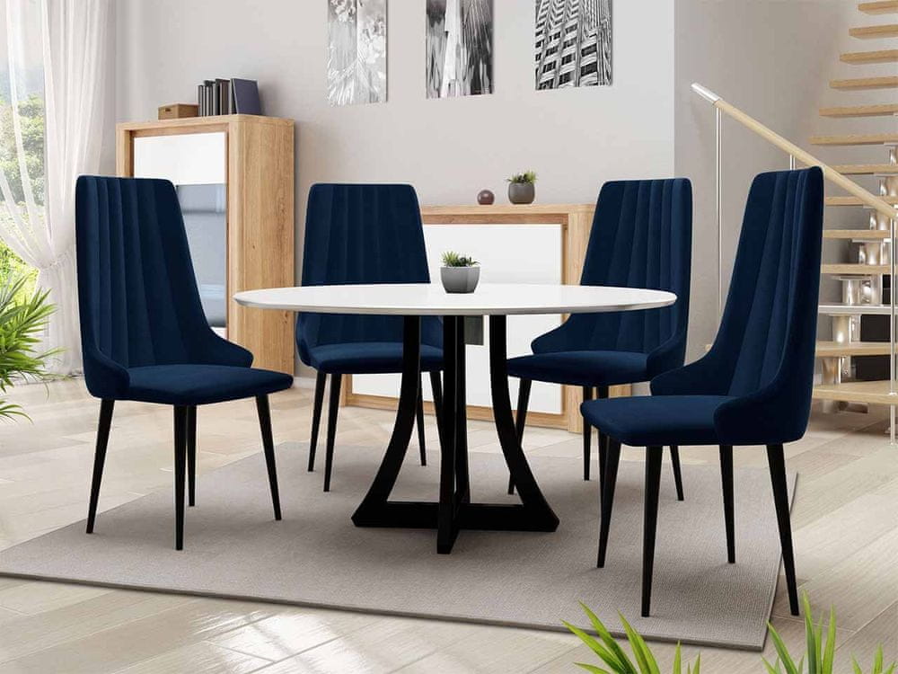 Veneti Okrúhly jedálenský stôl 100 cm so 4 stoličkami TULZA 1 - lesklý čiernobiely / modrý