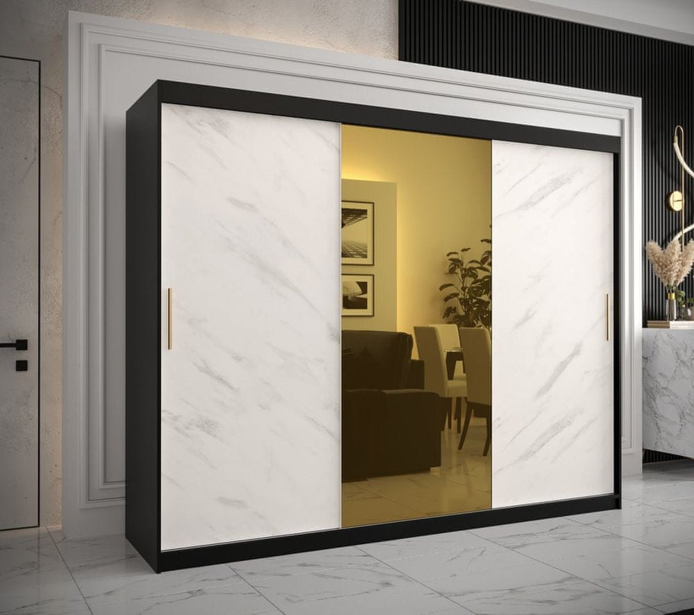 Veneti Dizajnová šatníková skriňa so zlatým zrkadlom MADLA 1 - šírka 250 cm, čierna / biela
