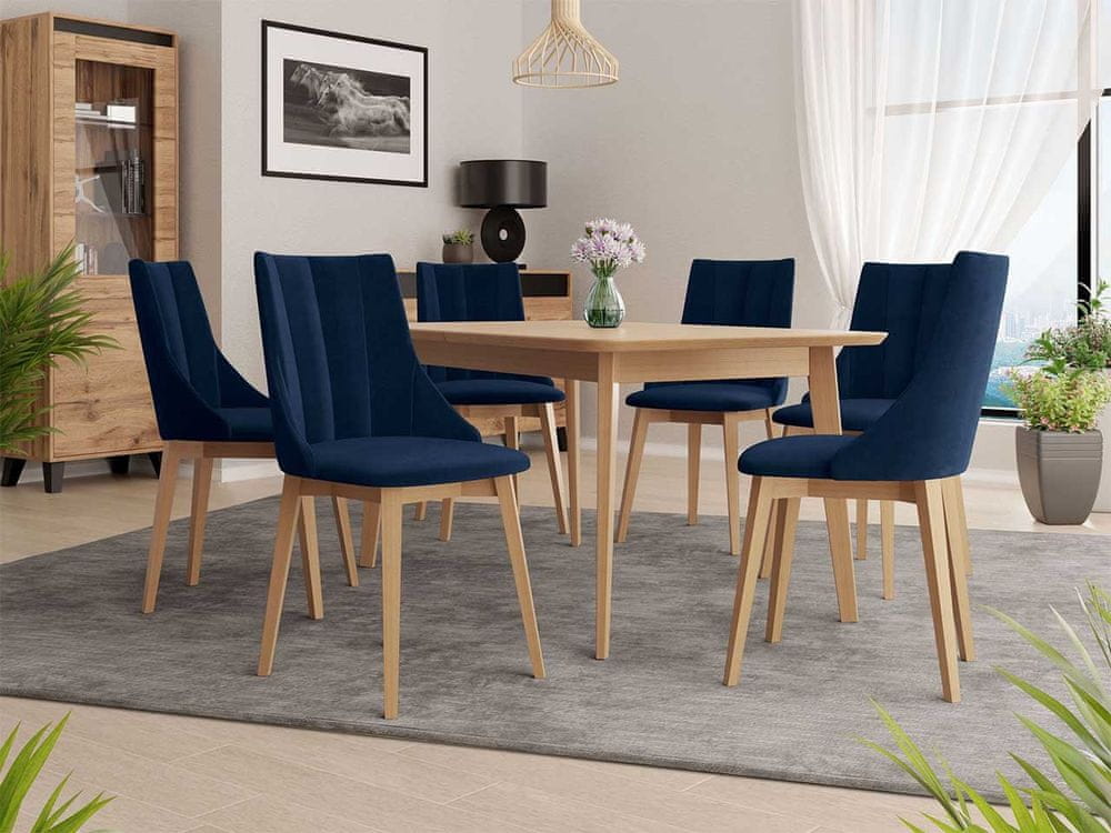 Veneti Rozkladací jedálenský stôl so 6 stoličkami NOWEN 2 - prírodné drevo / modrý