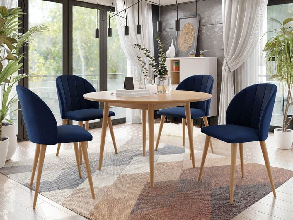 Veneti Okrúhly jedálenský stôl 120 cm so 4 stoličkami NOWEN 1 - prírodné drevo / modrý