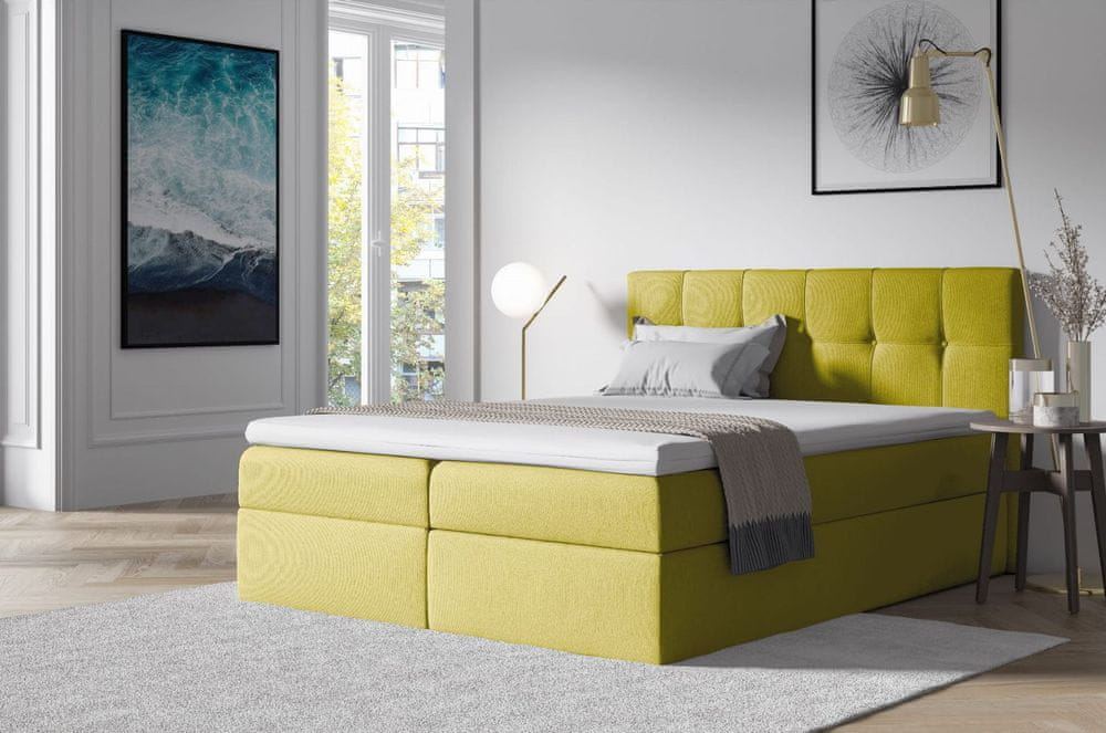 Veneti Čalúnená posteľ s úložným priestorom 200x200 RECIVIO - žltá + topper ZDARMA