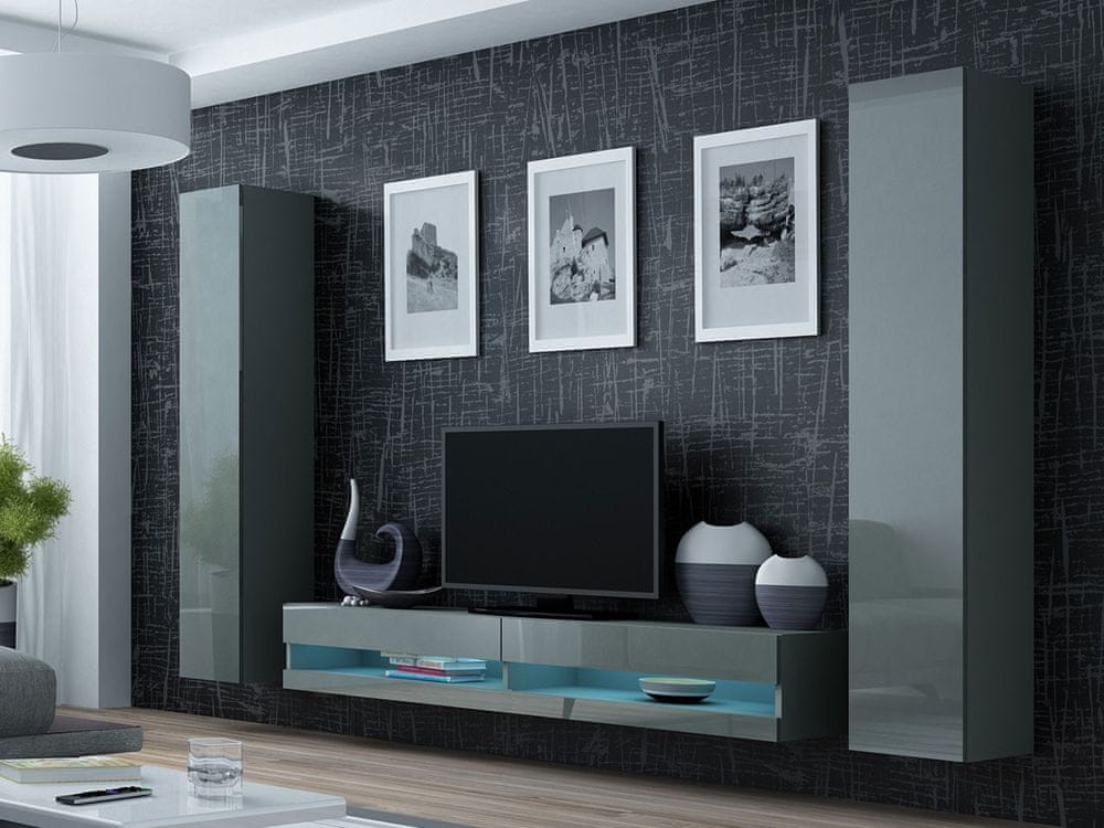 Veneti Stena do obývacej izby s LED modrým osvetlením ASHTON N4 - šedá / lesklá šedá