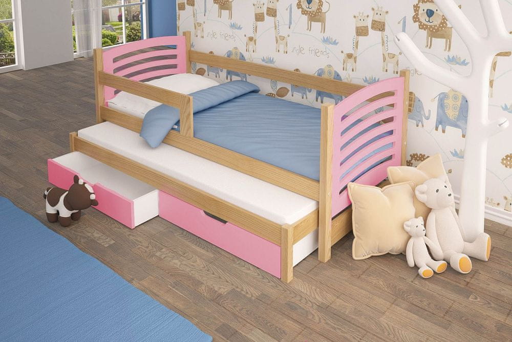 Veneti Detská posteľ s prístelkou KALA 2 - 75x180, borovica / ružová