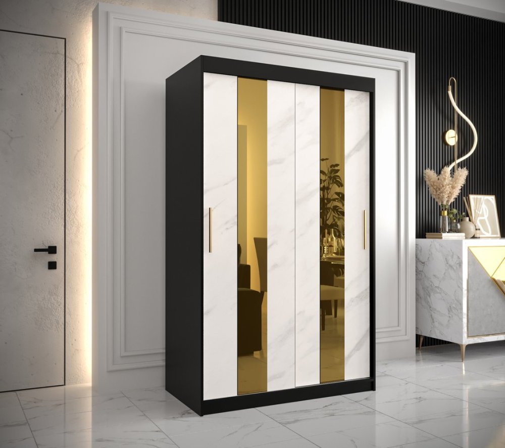 Veneti Dizajnová šatníková skriňa so zlatým zrkadlom MADLA 4 - šírka 120 cm, čierna / biela