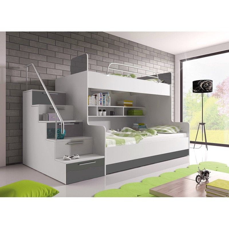 Veneti Detská poschodová posteľ s matracom a roštom 90x200 GORT - biela / šedá, ľavé prevedenie