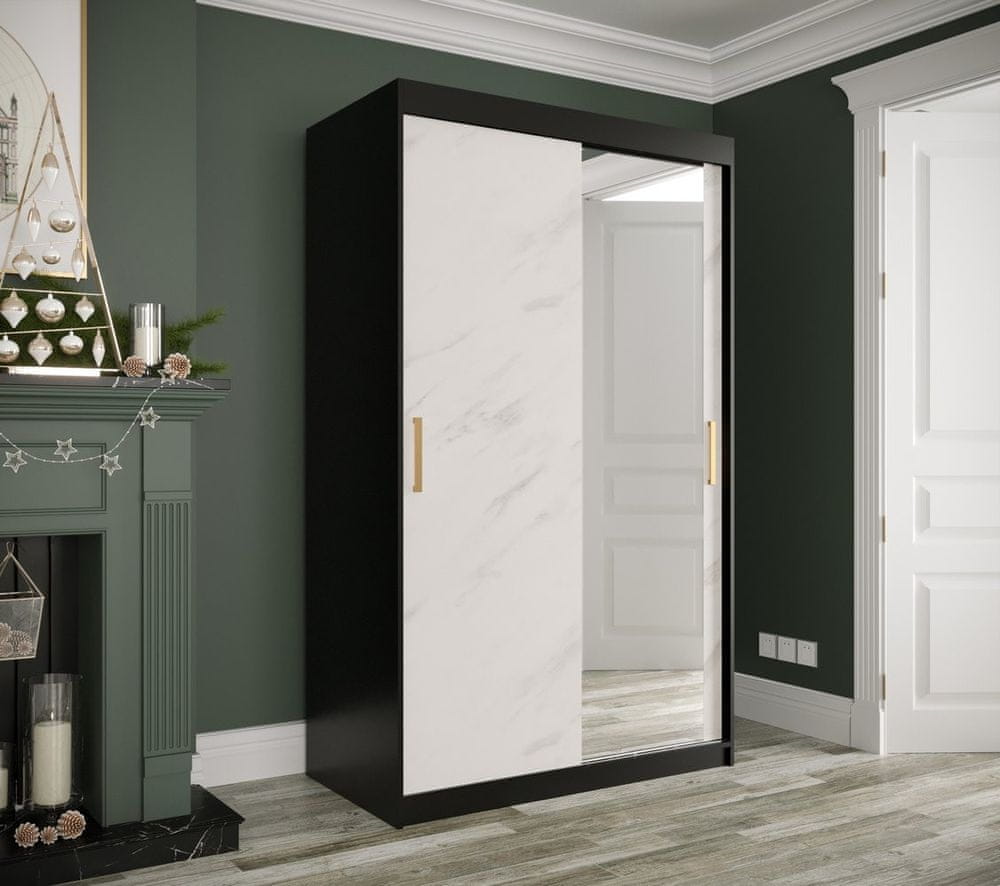 Veneti Zrkadlová skriňa s posuvnými dverami MAREILLE 3 - šírka 120 cm, čierna / biely mramor