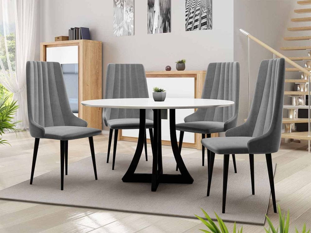 Veneti Okrúhly jedálenský stôl 120 cm so 4 stoličkami TULZA 1 - lesklý čiernobiely / šedý