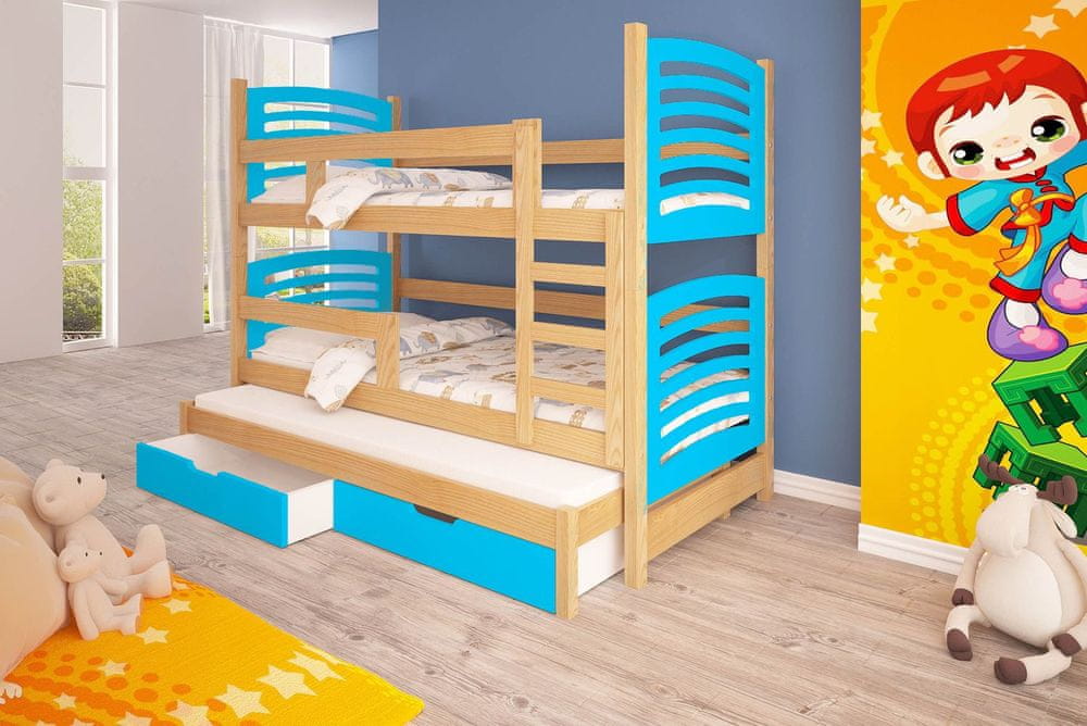 Veneti Detská poschodová posteľ pre troch KALA 2 - 75x180, borovica / modrá