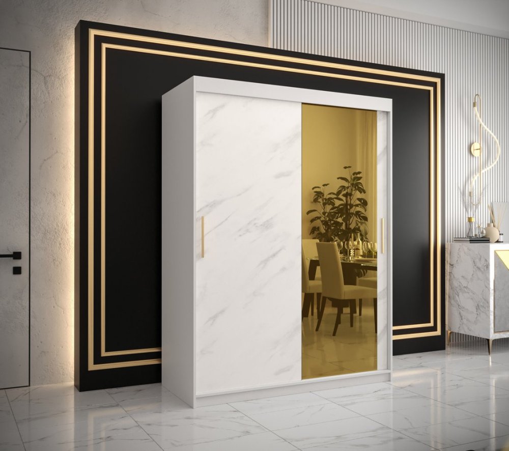 Veneti Dizajnová šatníková skriňa so zlatým zrkadlom MADLA 2 - šírka 150 cm, biela