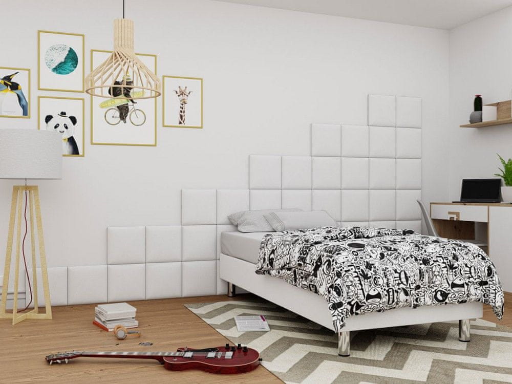 Veneti Čalúnená jednolôžková posteľ 90x200 NECHLIN 2 - biela eko koža + panely 30x30 cm ZDARMA