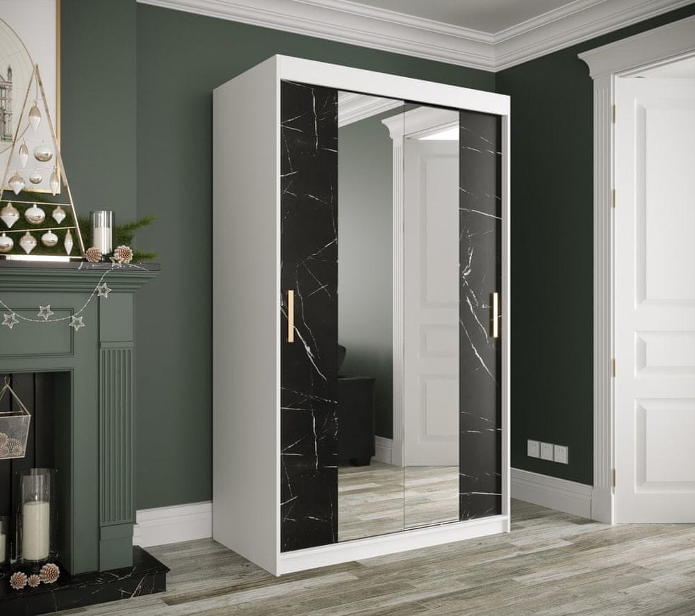Veneti Zrkadlová skriňa s posuvnými dverami MAREILLE 2 - šírka 120 cm, biela / čierny mramor