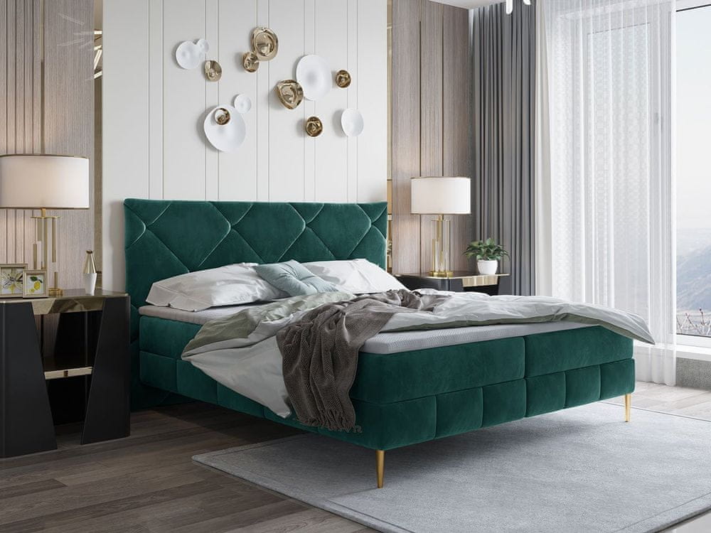 Veneti Hotelová manželská posteľ 160x200 LEONOR - zlatá / tmavá tyrkysová + topper ZDARMA