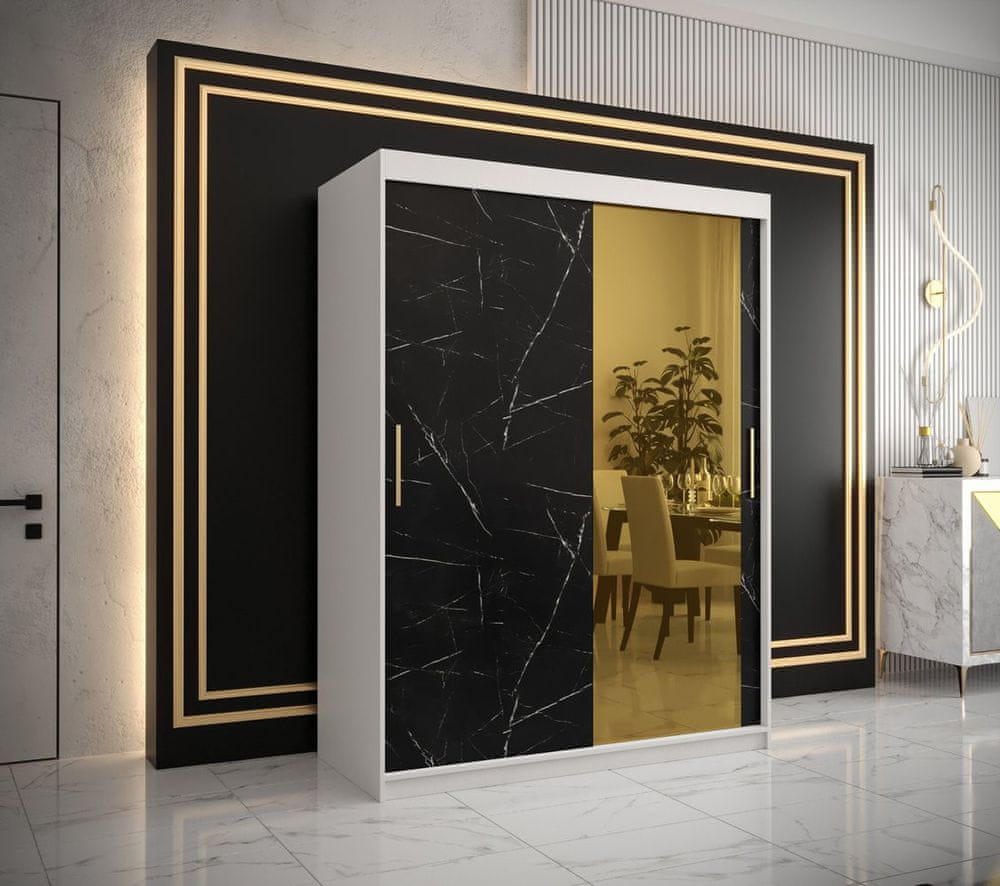 Veneti Dizajnová šatníková skriňa so zlatým zrkadlom MADLA 2 - šírka 150 cm, biela / čierna