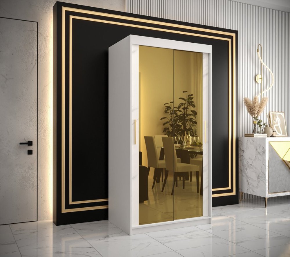 Veneti Dizajnová šatníková skriňa so zlatým zrkadlom MADLA 3 - šírka 100 cm, biela