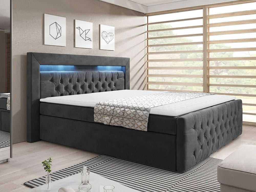 Veneti Boxspringová posteľ s LED osvetlením a úložným priestorom 160x200 DELBIN - šedá + topper ZDARMA