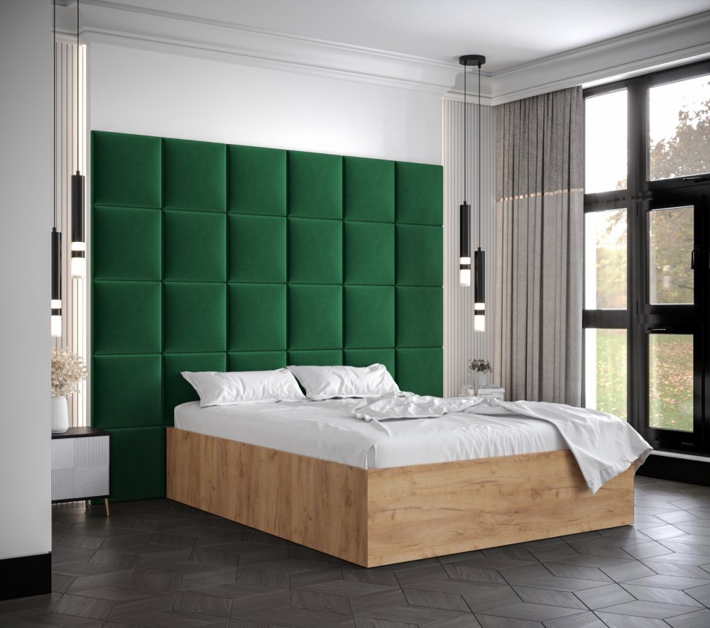 Veneti Manželská posteľ s čalúnenými panelmi MIA 3 - 160x200, dub zlatý, zelené panely