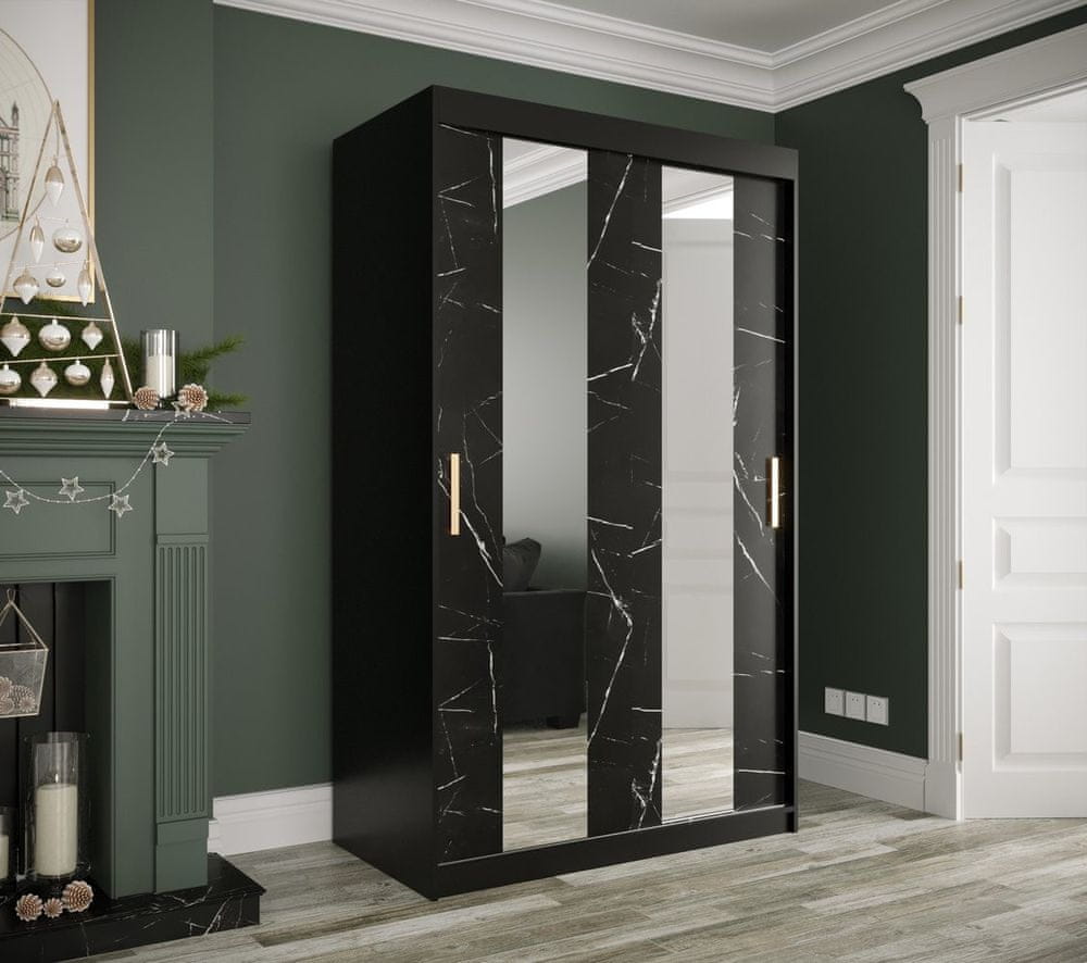 Veneti Šatníková skriňa s posuvnými dverami a zrkadlami MAREILLE 4 - šírka 120 cm, čierna / čierny mramor