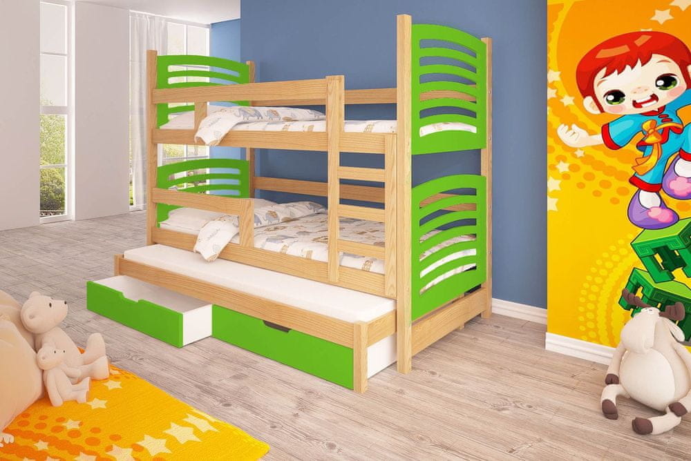 Veneti Detská poschodová posteľ pre troch KALA 2 - 75x180, borovica / zelená