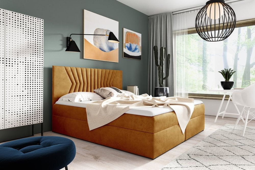 Veneti Čalúnená posteľ s prešívaným čelom AKIM - 160x200, žltá + topper ZDARMA