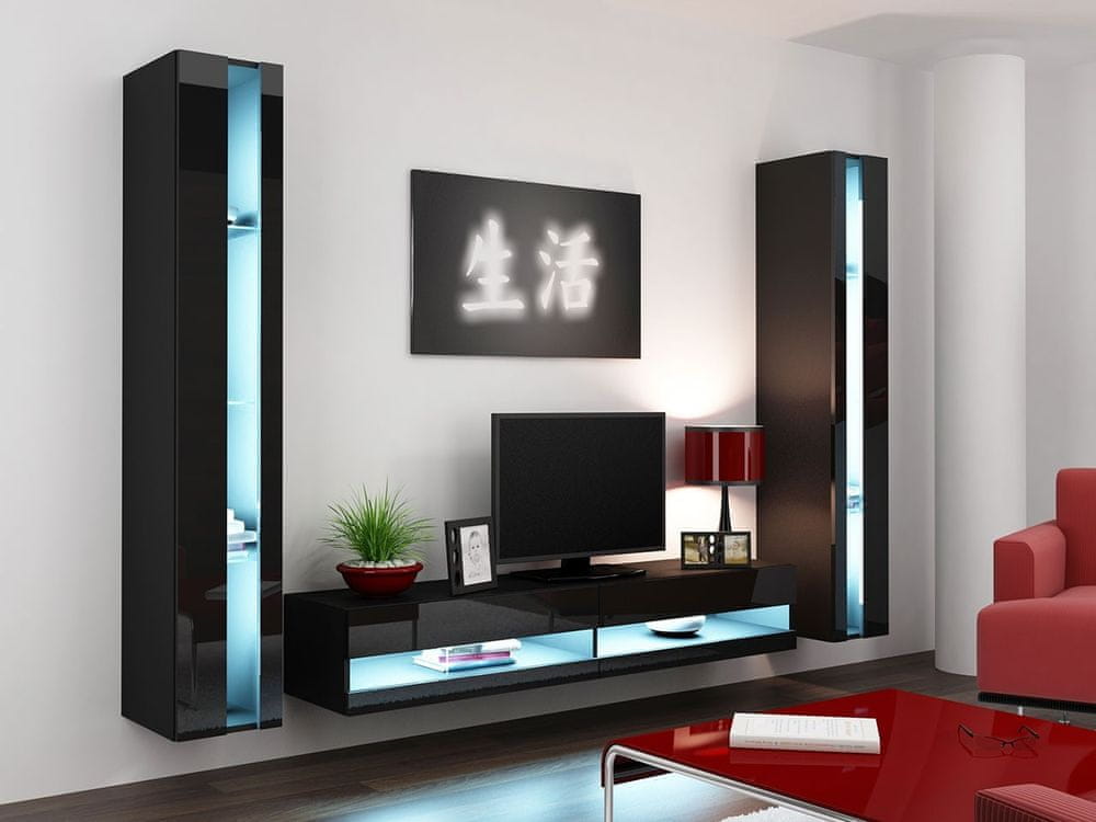 Veneti Stena do obývacej izby s LED modrým osvetlením ASHTON N3 - čierna / lesklá čierna