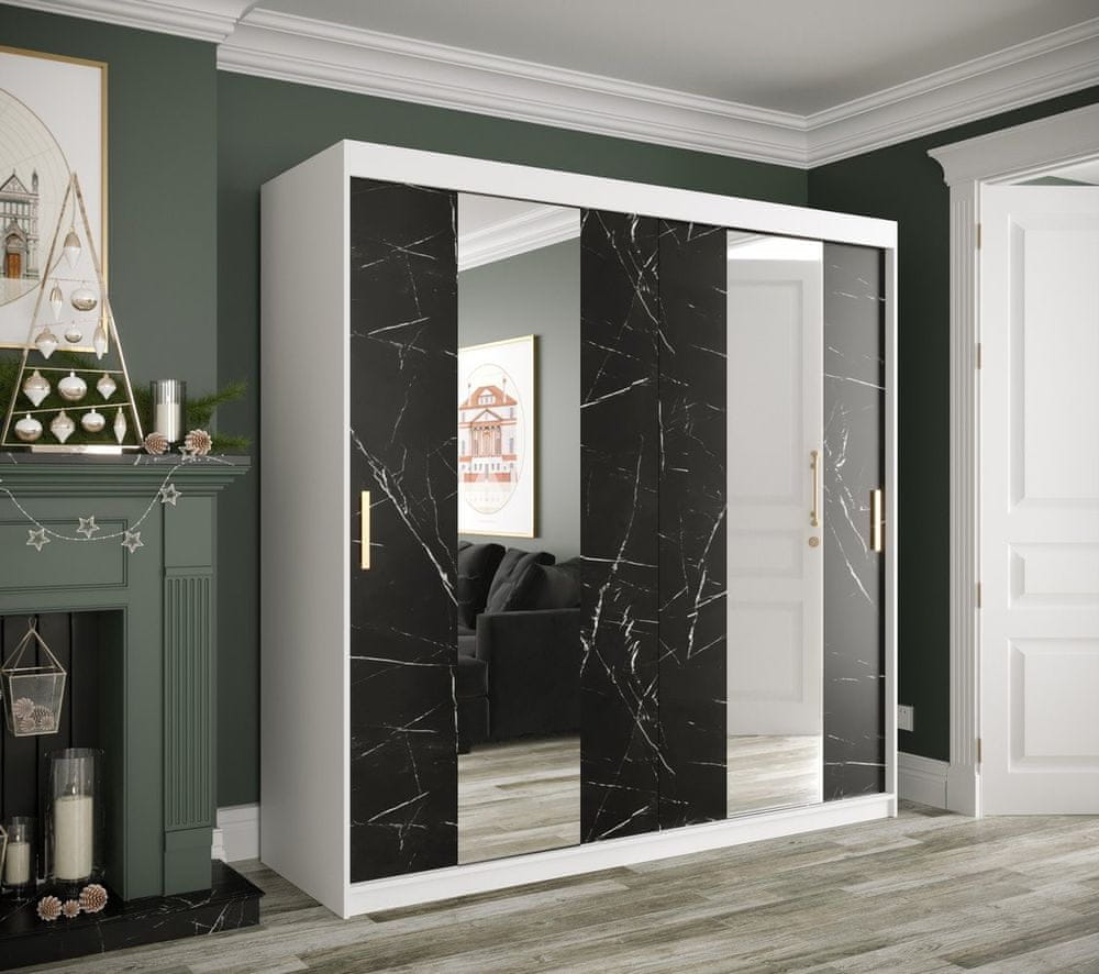 Veneti Šatníková skriňa s posuvnými dverami a zrkadlami MAREILLE 4 - šírka 200 cm, biela / čierny mramor