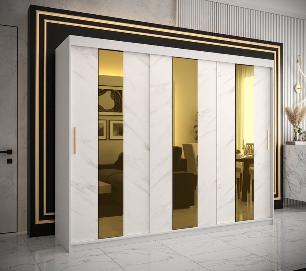 Veneti Dizajnová šatníková skriňa so zlatým zrkadlom MADLA 4 - šírka 250 cm, biela
