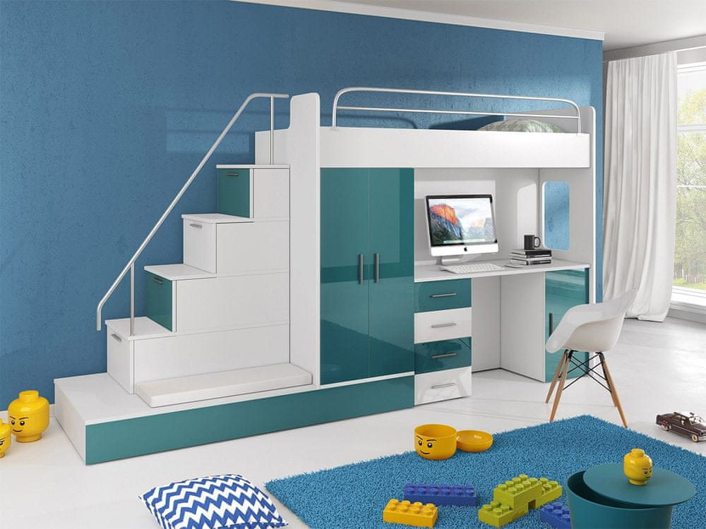 Veneti Detská multifunkčná poschodová posteľ s matracom 80x200 GORT - biela / tyrkysová