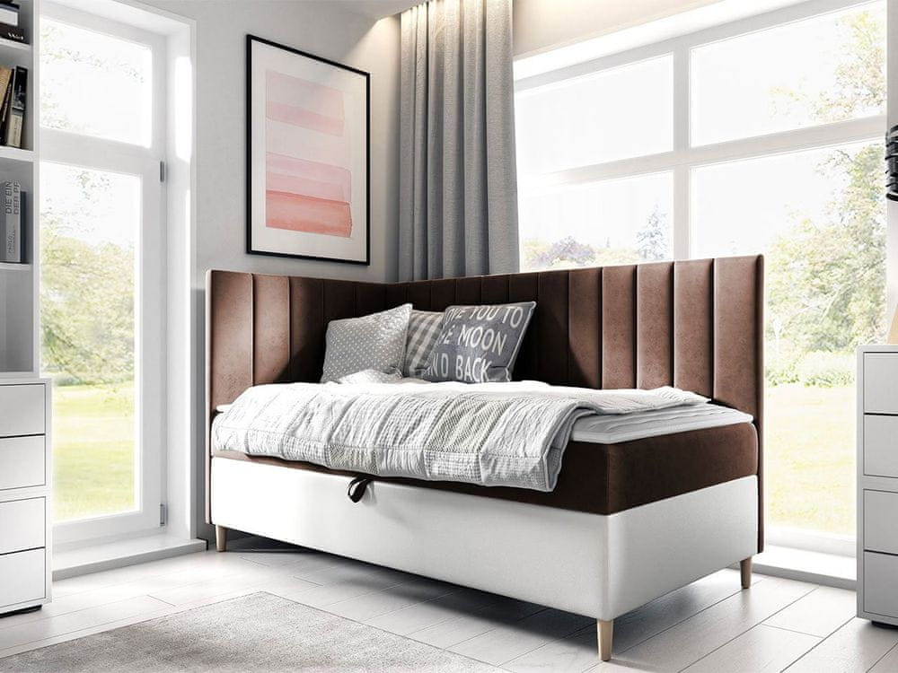 Veneti Boxspringová jednolôžková posteľ 90x200 ROCIO 3 - biela ekokoža / hnedá 1, ľavé prevedenie + topper ZDARMA