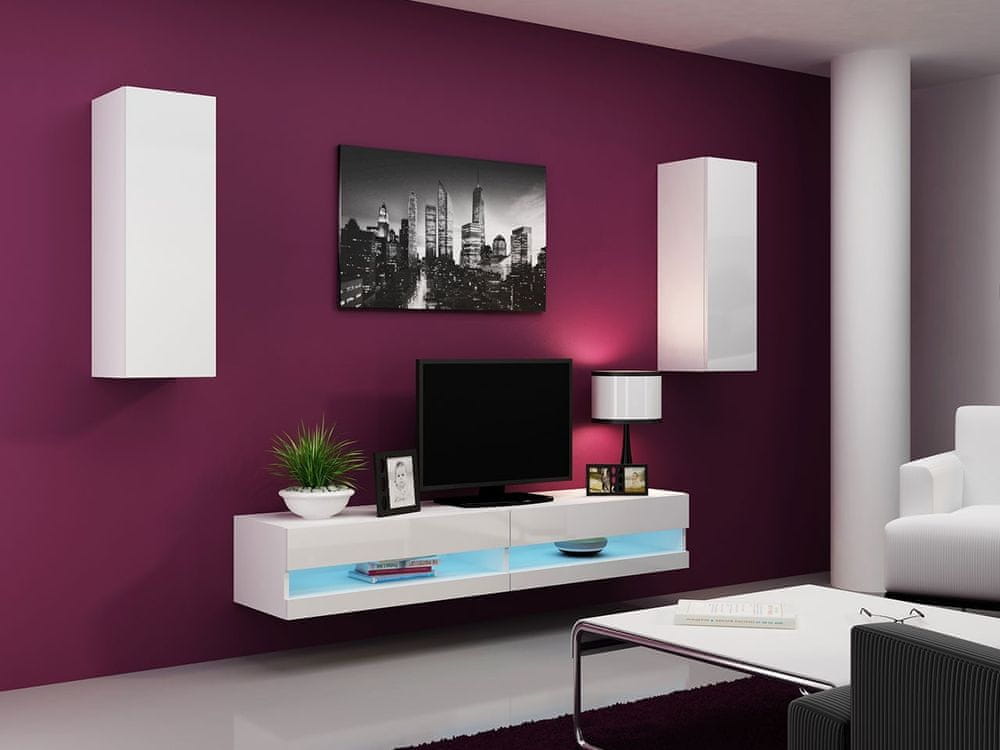 Veneti Stena do obývacej izby s LED modrým osvetlením ASHTON N10 - biela / lesklá biela