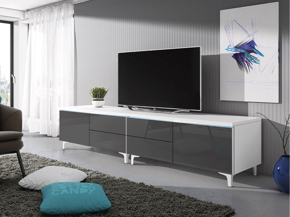 Veneti Televízny stolík na nožičkách s LED osvetlením FERNS 11 - biely / lesklý šedý