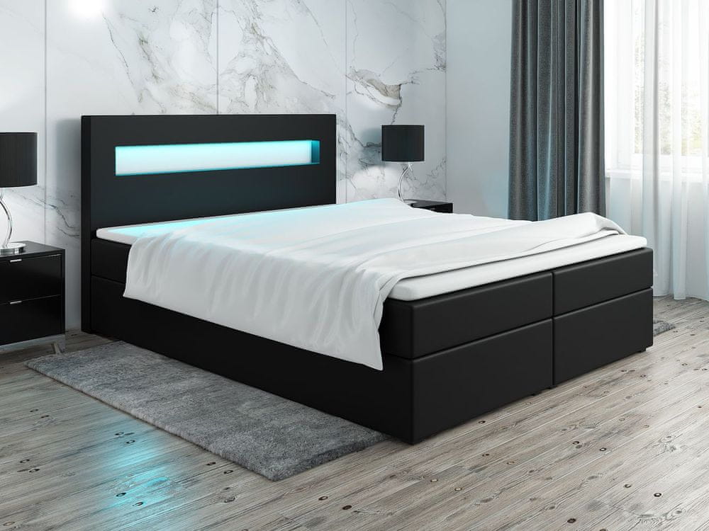 Veneti Čalúnená posteľ s osvetlením LILLIANA 3 - 180x200, čierna eko koža