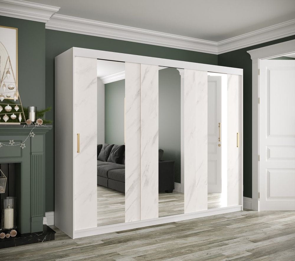 Veneti Šatníková skriňa s posuvnými dverami a zrkadlami MAREILLE 4 - šírka 250 cm, biela / biely mramor