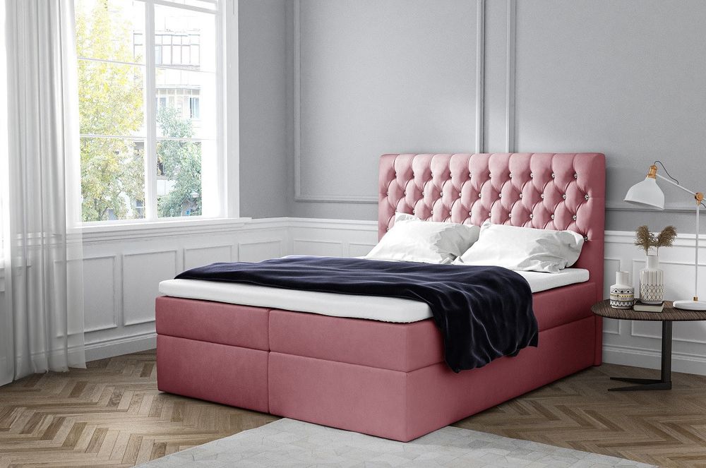 Veneti Elegantná čalúnená posteľ Mandy s úložným priestororm ružová 200 x 200 + topper zdarma