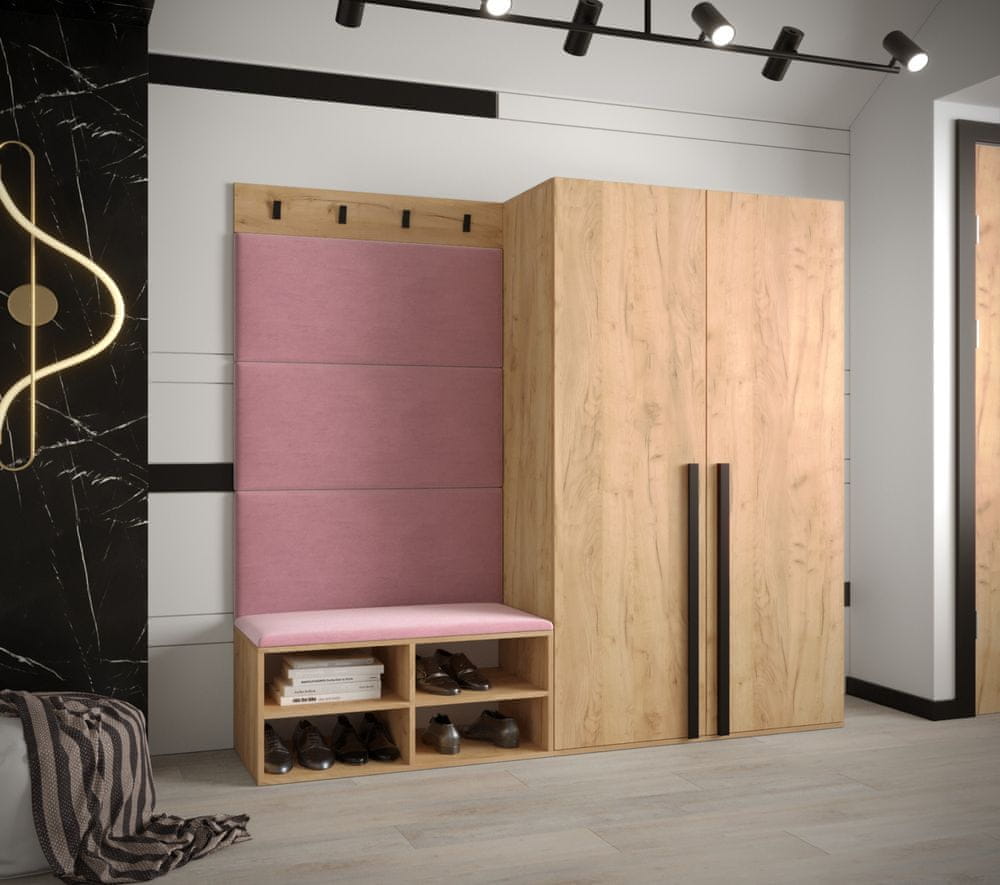 Veneti Predsieňový nábytok s čalúnenými panelmi HARRISON - dub zlatý, ružové panely