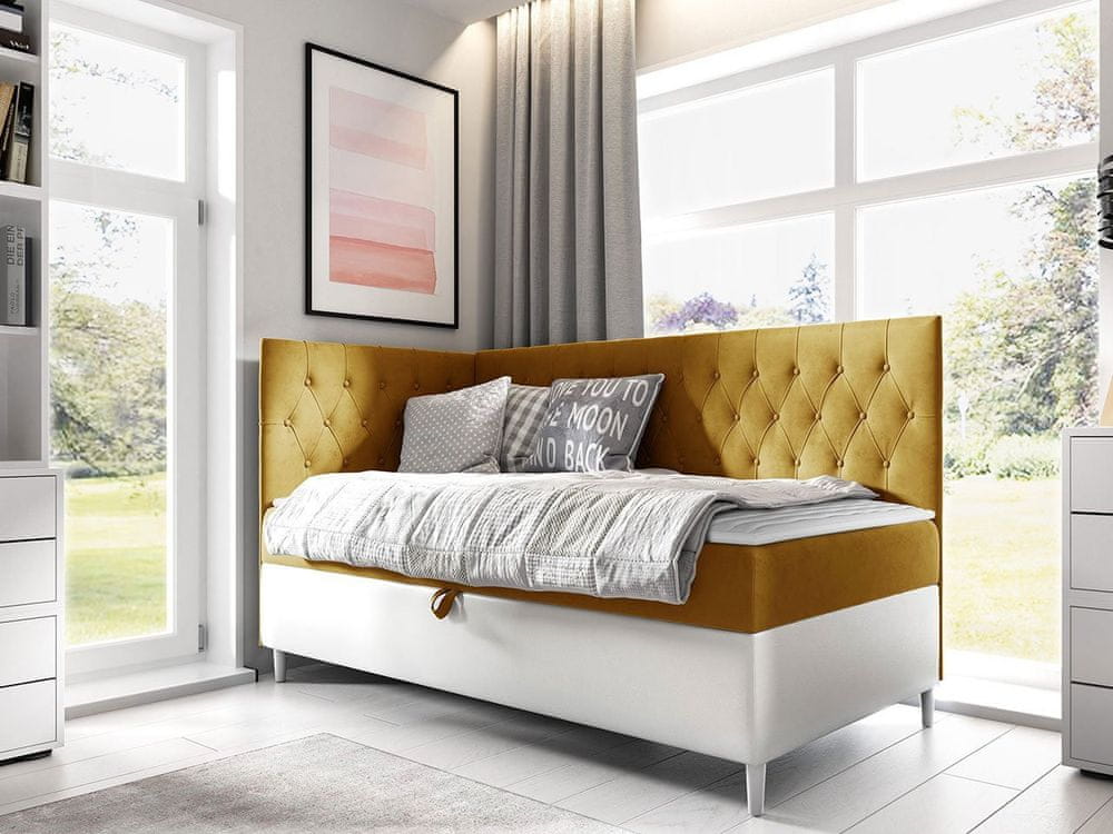 Veneti Boxspringová jednolôžková posteľ 80x200 PORFIRO 3 - biela ekokoža / žltá, ľavé prevedenie + topper ZDARMA