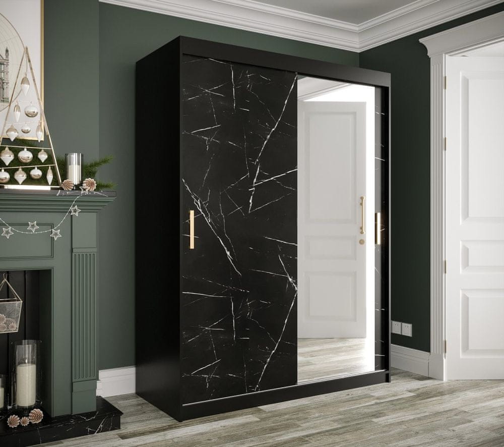 Veneti Zrkadlová skriňa s posuvnými dverami MAREILLE 3 - šírka 150 cm, čierna / čierny mramor