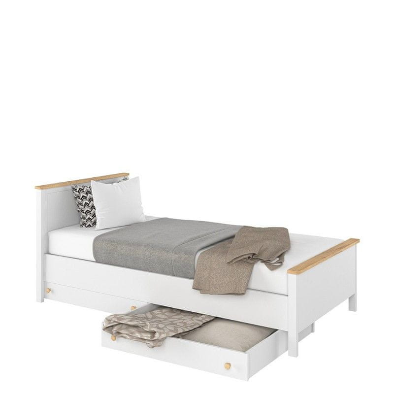 Veneti Jednolôžková posteľ s matracom, roštom a zásuvkou 90x200 MABARUMA - biela / dub nash