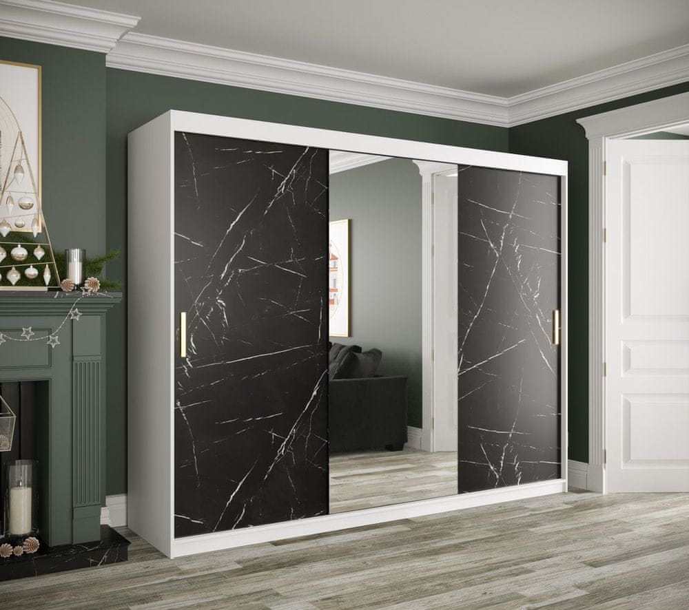 Veneti Zrkadlová skriňa s posuvnými dverami MAREILLE 2 - šírka 250 cm, biela / čierny mramor