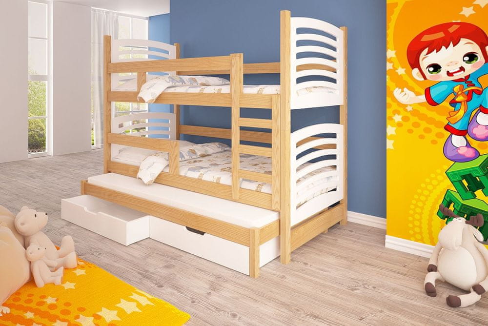 Veneti Detská poschodová posteľ pre troch KALA 2 - 75x180, borovica / biela