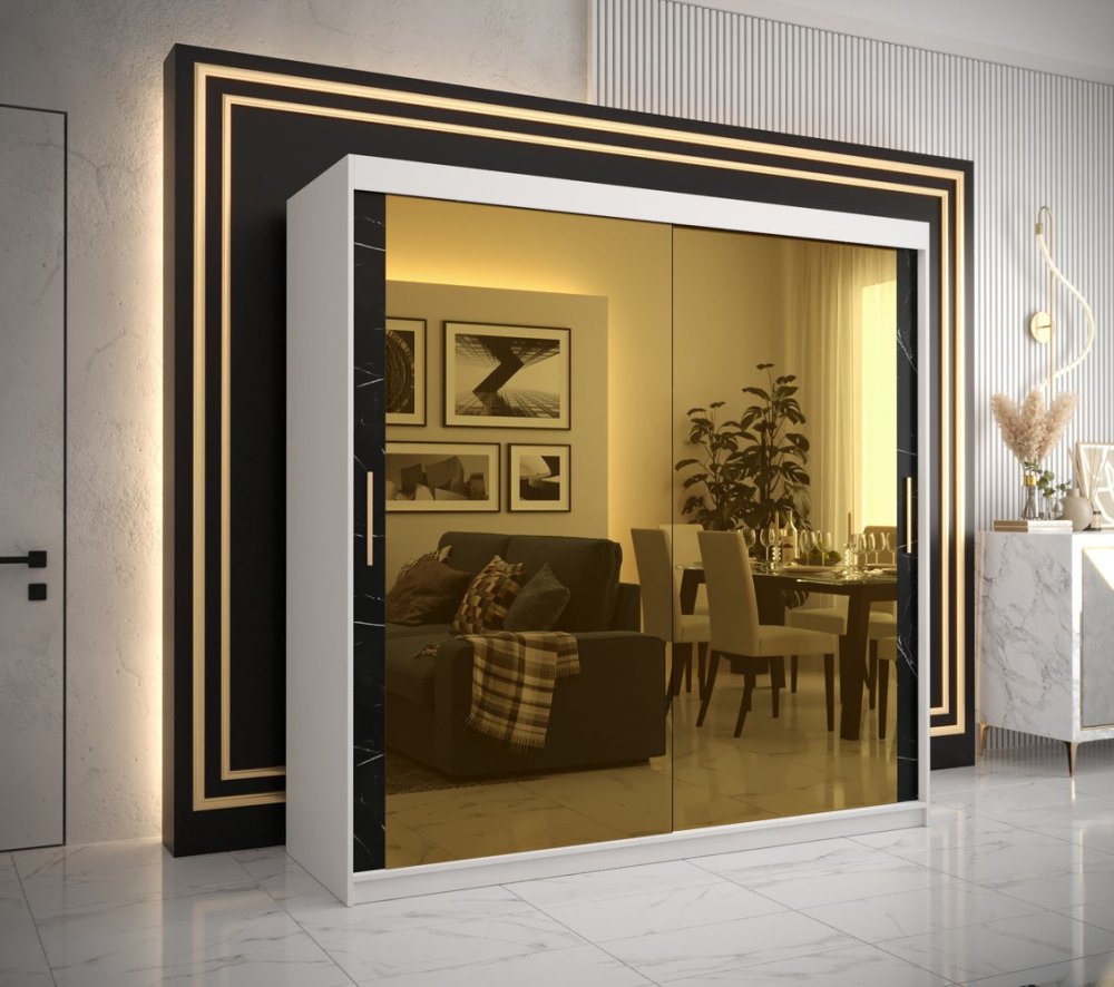 Veneti Dizajnová šatníková skriňa so zlatým zrkadlom MADLA 3 - šírka 200 cm, biela / čierna