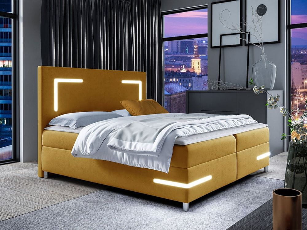 Veneti Boxspringová manželská posteľ 180x200 MADENA - žltá + topper a LED osvetlenie ZDARMA