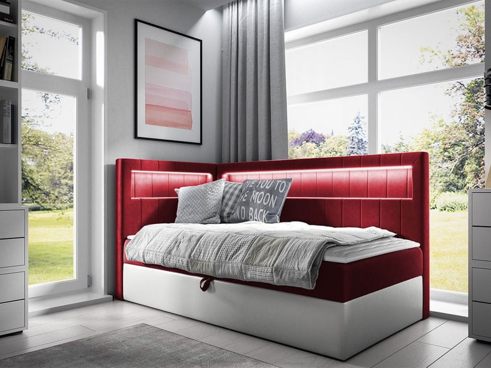 Veneti Kontinentálna jednolôžková posteľ 80x200 RAMIRA 3 - biela ekokoža / červená, ľavé prevedenie + topper ZDARMA