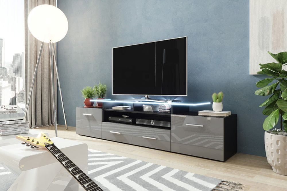 Veneti TV stolík s LED bielym osvetlením SOBRAL - čierny / lesklý šedý