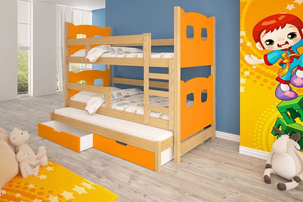 Veneti Detská poschodová posteľ pre troch KALA 1 - 75x180, borovica / oranžová