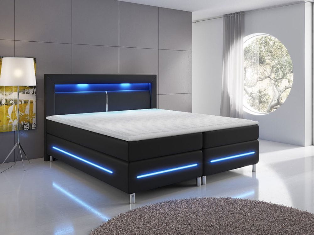 Veneti Boxspringová manželská posteľ s LED osvetlením 160x200 GALWAY - čierna ekokoža + topper ZDARMA