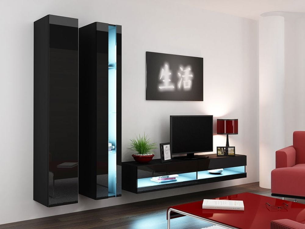 Veneti Stena do obývacej izby s LED bielym osvetlením ASHTON N5 - čierna / lesklá čierna